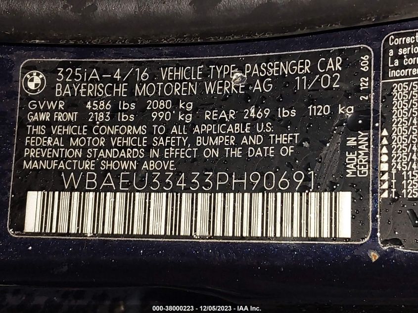 2003 BMW 325Xi VIN: WBAEU33433PH90691 Lot: 38000223