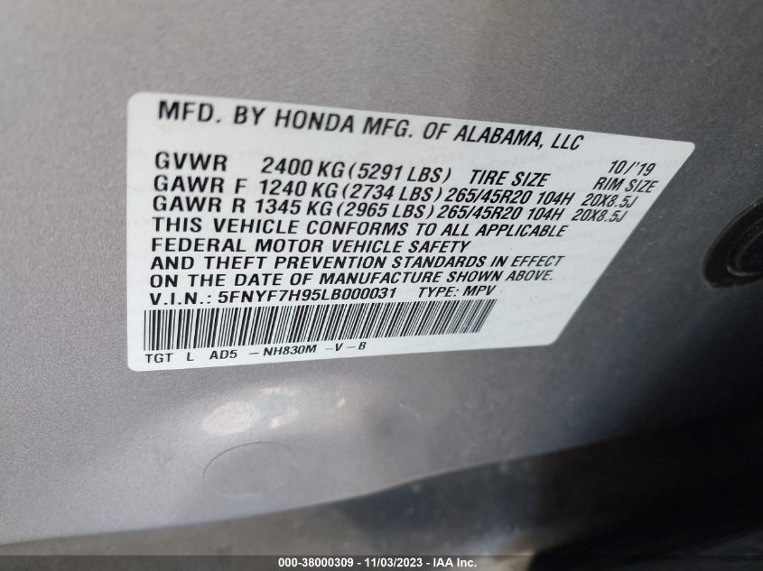 2020 Honda Passport 2Wd Touring VIN: 5FNYF7H95LB000031 Lot: 38000309