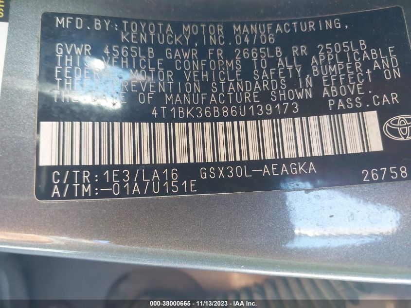 2006 Toyota Avalon Xls VIN: 4T1BK36B86U139173 Lot: 38000665