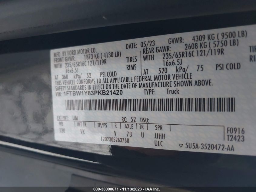 2023 Ford Transit Cargo Van VIN: 1FTBW1Y83PKB21420 Lot: 38000671