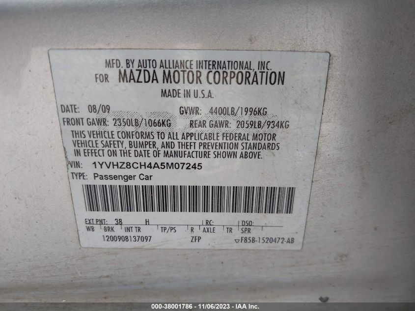 2010 Mazda Mazda6 I Touring Plus VIN: 1YVHZ8CH4A5M07245 Lot: 38001786