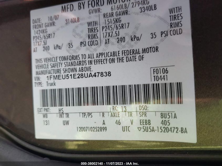 2008 Ford Explorer Sport Trac Xlt VIN: 1FMEU51E28UA47838 Lot: 38002140