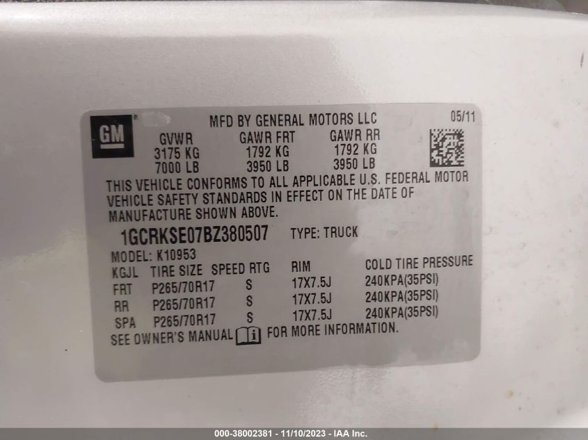 2011 Chevrolet Silverado 1500 Lt VIN: 1GCRKSE07BZ380507 Lot: 38002381