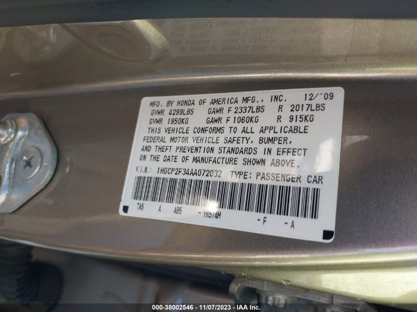 2010 Honda Accord 2.4 Lx VIN: 1HGCP2F34AA072032 Lot: 38002546