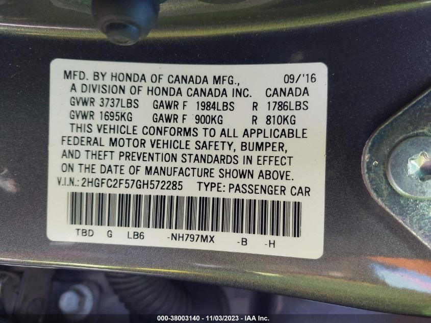 2HGFC2F57GH572285 2016 Honda Civic Lx