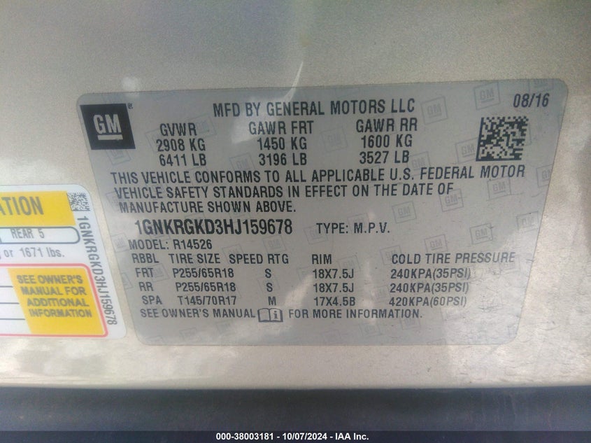 2017 Chevrolet Traverse 1Lt VIN: 1GNKRGKD3HJ159678 Lot: 38003181
