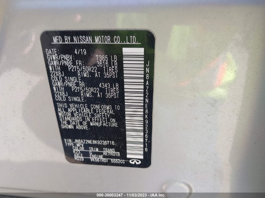 2019 Infiniti Qx80 Luxe VIN: JN8AZ2NE8K9236716 Lot: 38003247