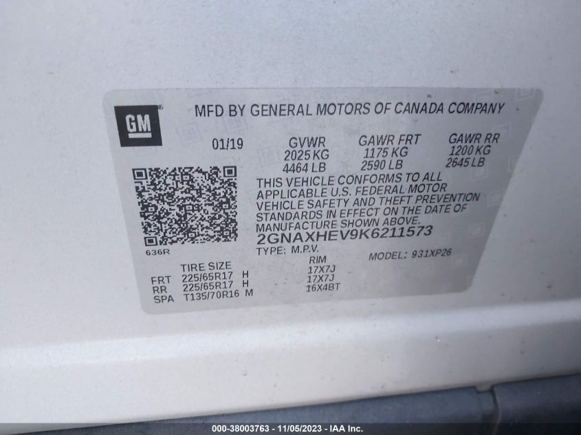 2GNAXHEV9K6211573 2019 Chevrolet Equinox Ls