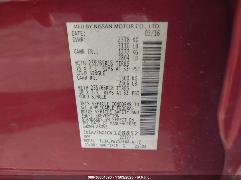 2016 Nissan Murano S VIN: 5N1AZ2MG1GN128852 Lot: 38004390