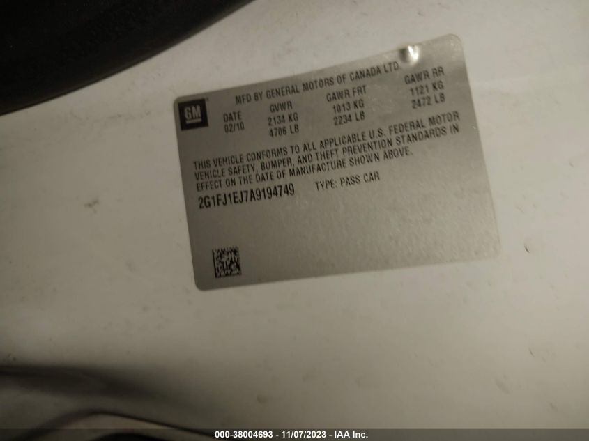 2010 Chevrolet Camaro 1Ss VIN: 2G1FJ1EJ7A9194749 Lot: 38004693