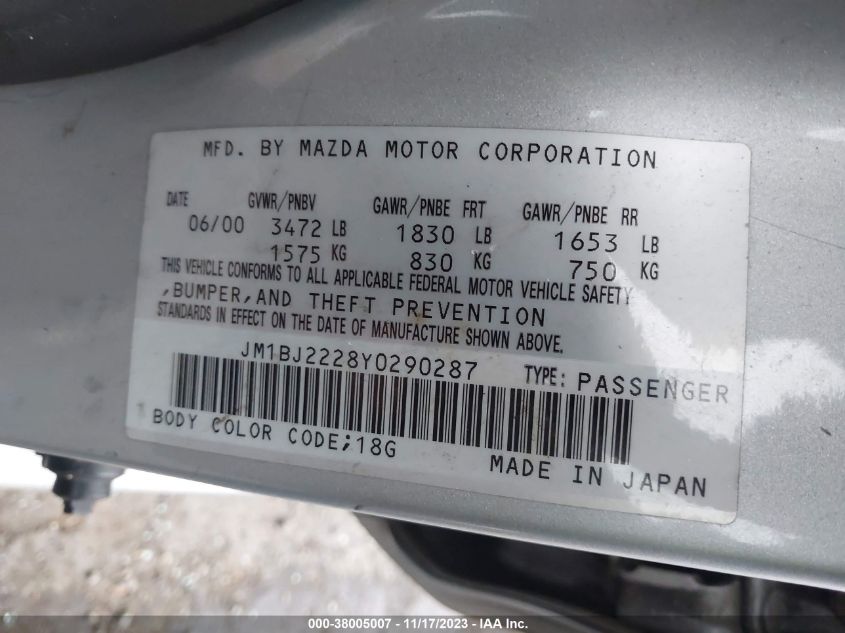 2000 Mazda Protege Dx/Lx VIN: JM1BJ2228Y0290287 Lot: 38005007