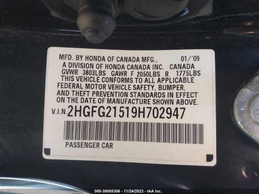 2009 Honda Civic Si VIN: 2HGFG21519H702947 Lot: 38005306