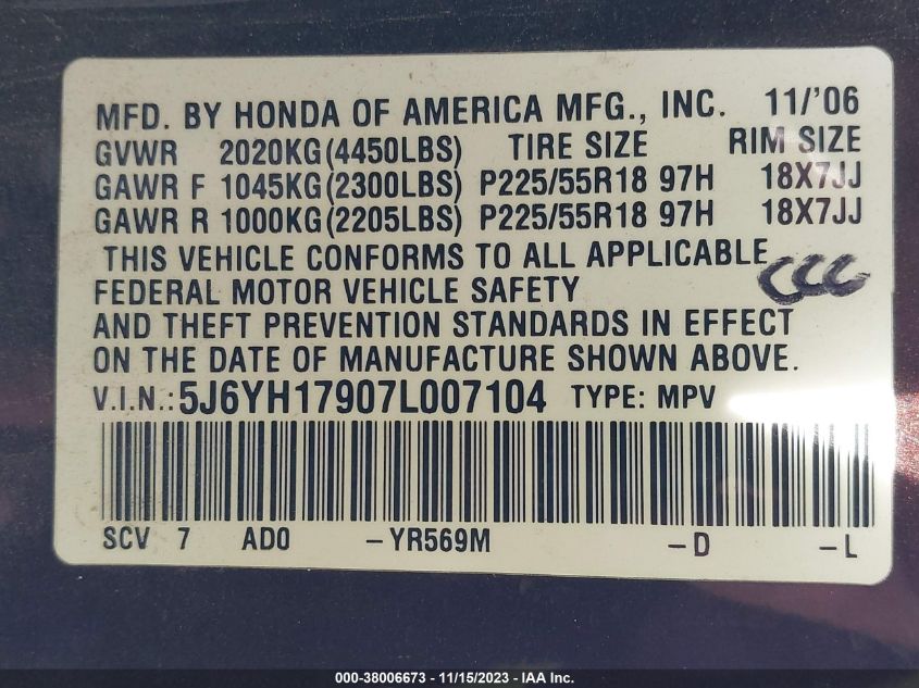 2007 Honda Element Sc VIN: 5J6YH17907L007104 Lot: 38006673