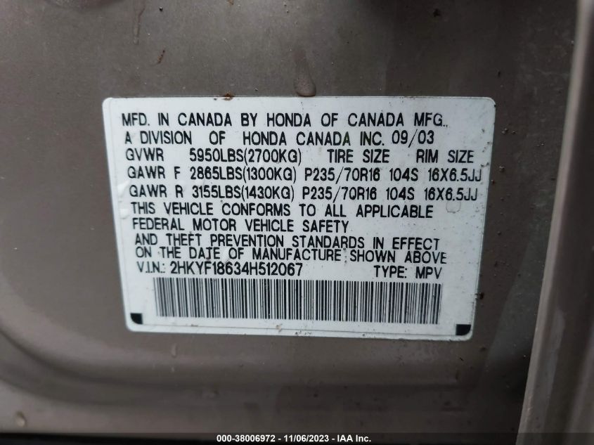 2004 Honda Pilot Ex-L VIN: 2HKYF18634H512067 Lot: 38006972