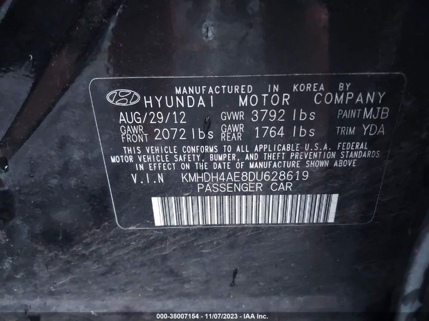 2013 Hyundai Elantra Gls (Ulsan Plant) VIN: KMHDH4AE8DU628619 Lot: 38007154