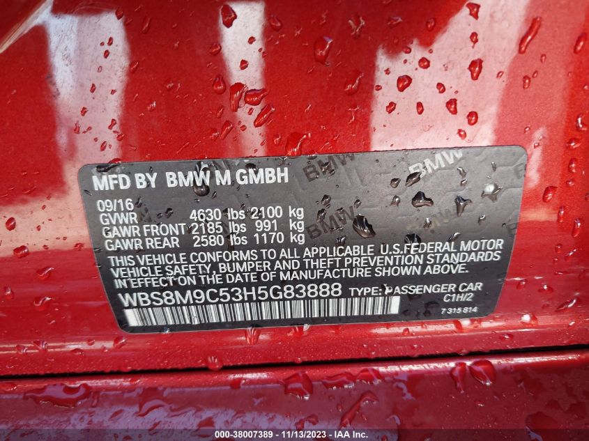 2017 BMW M3 VIN: WBS8M9C53H5G83888 Lot: 38007389