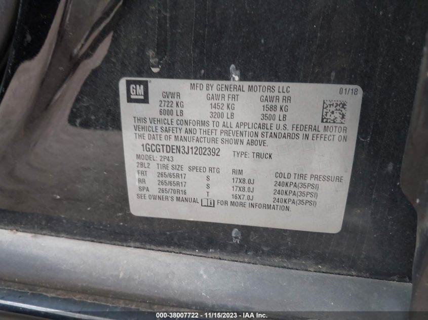2018 Chevrolet Colorado Z71 VIN: 1GCGTDEN3J1202392 Lot: 38007722