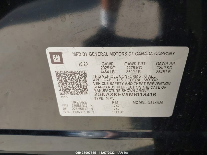 2021 Chevrolet Equinox Fwd Lt VIN: 2GNAXKEVXM6118416 Lot: 38007865