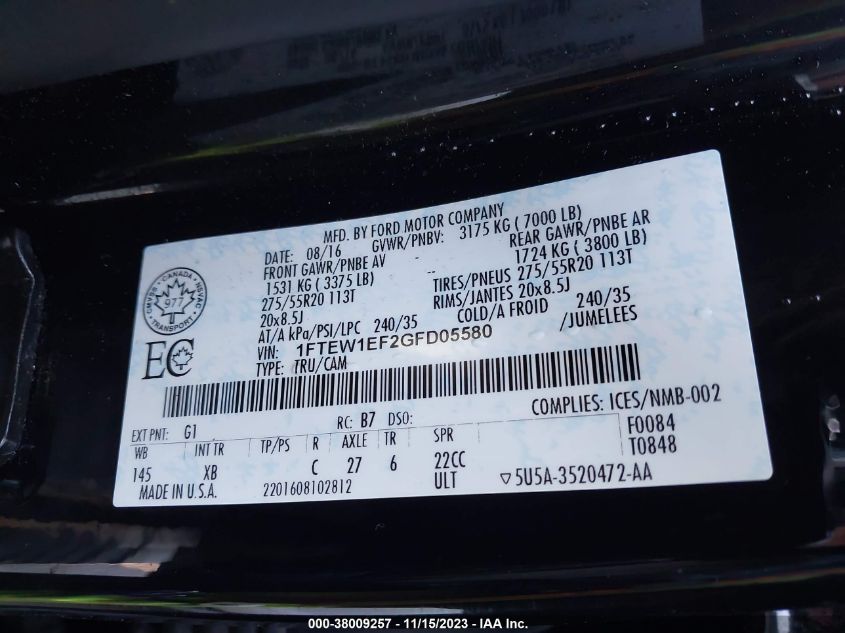 2016 Ford F-150 Xlt VIN: 1FTEW1EF2GFD05580 Lot: 38009257