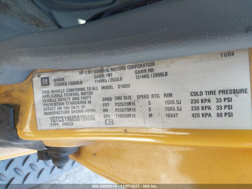 2005 GMC Canyon Sl VIN: 1GTCS196058199886 Lot: 38009318