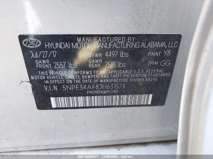 2018 Hyundai Sonata Sel VIN: 5NPE34AF8JH631574 Lot: 38009377