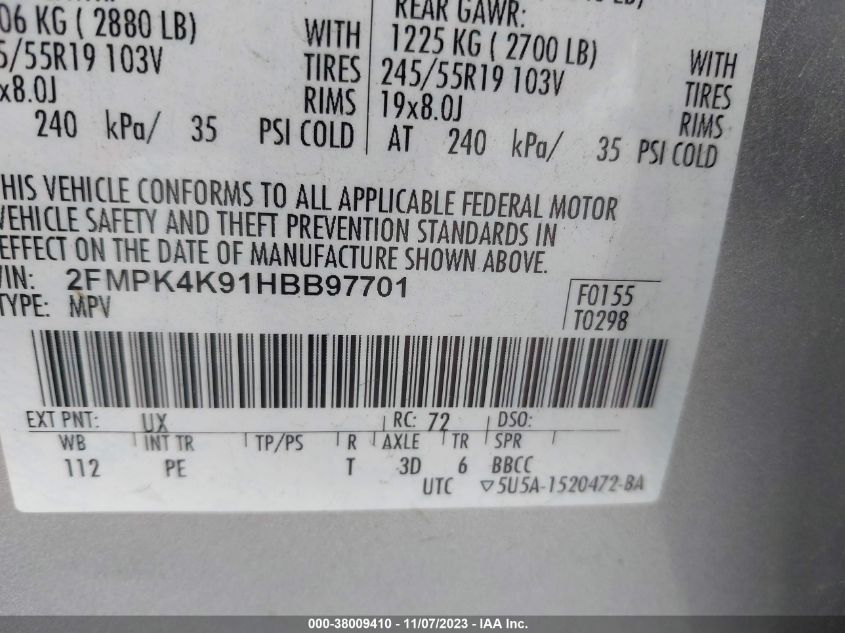 2017 Ford Edge Titanium VIN: 2FMPK4K91HBB97701 Lot: 38009410