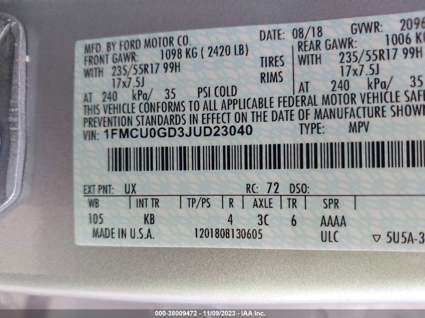 Ford Escape 2018 -auction- 8