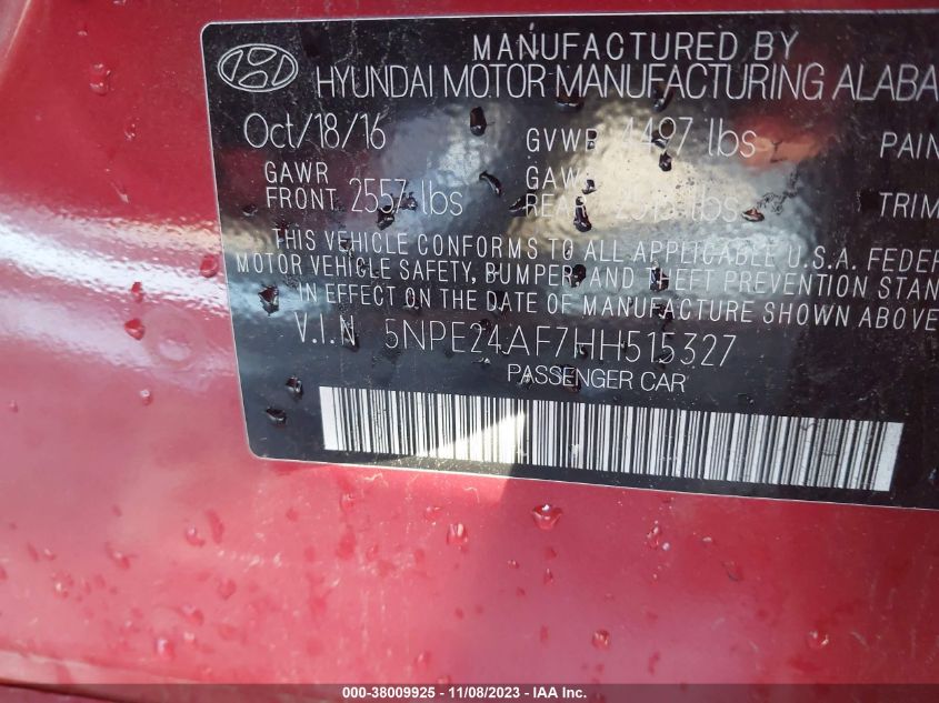 2017 Hyundai Sonata 2.4L VIN: 5NPE24AF7HH515327 Lot: 38009925