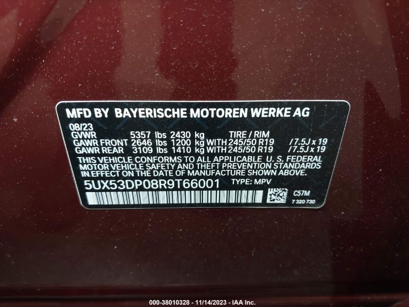 2024 BMW X3 xDrive30I VIN: 5UX53DP08R9T66001 Lot: 38010328