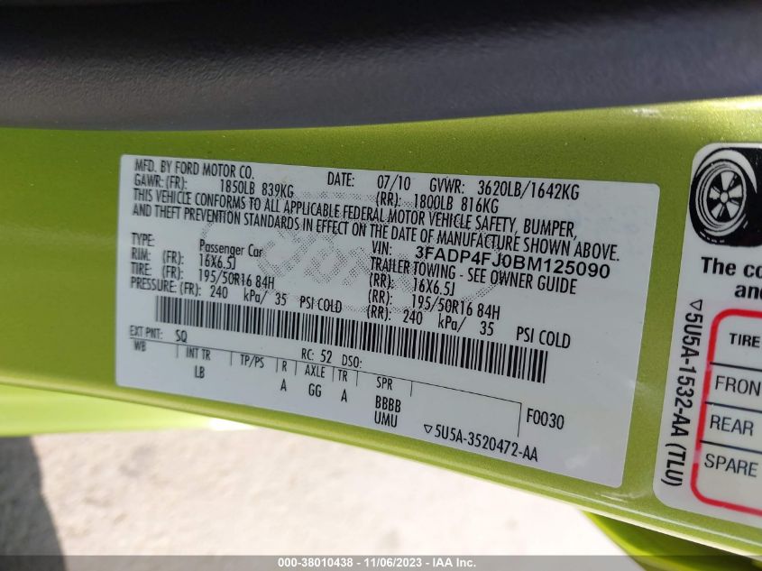 2011 Ford Fiesta Ses VIN: 3FADP4FJ0BM125090 Lot: 38010438