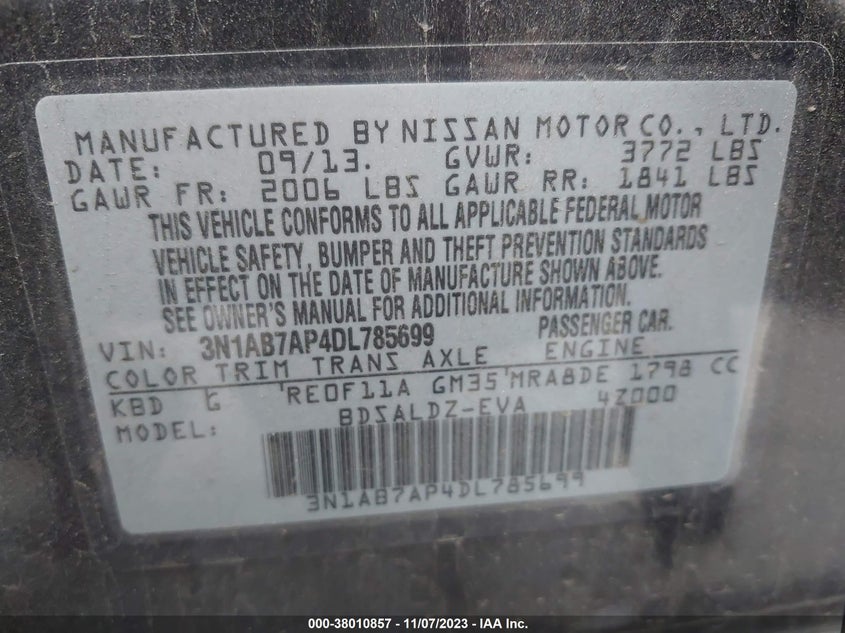 2013 Nissan Sentra Sv VIN: 3N1AB7AP4DL785699 Lot: 38010857
