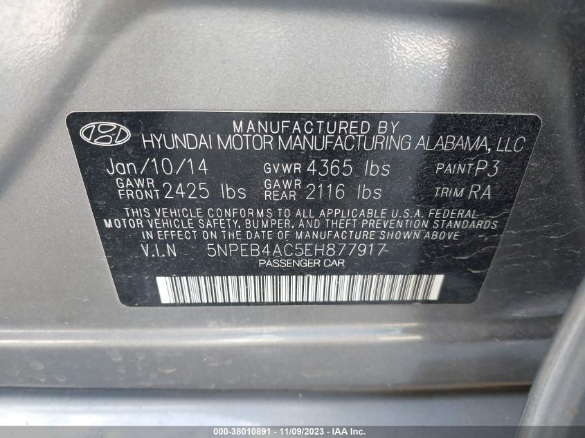 2014 Hyundai Sonata Gls VIN: 5NPEB4AC5EH877917 Lot: 38010891