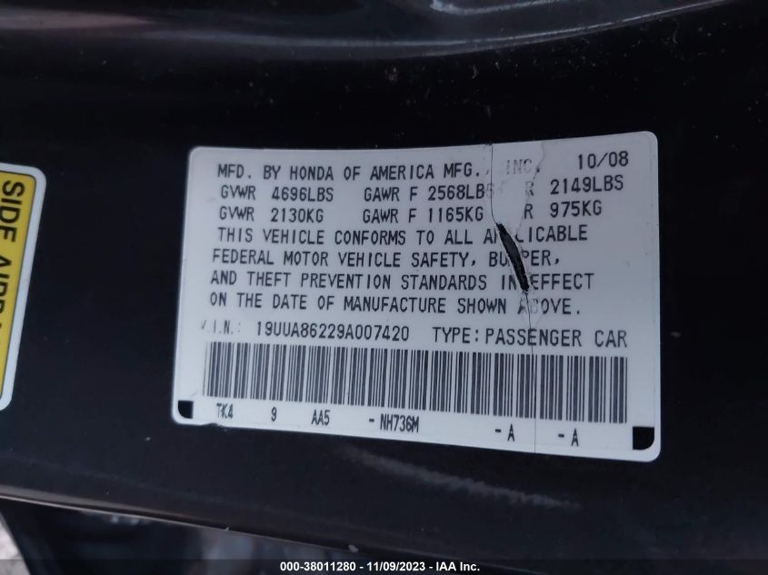 19UUA86229A007420 2009 Acura Tl 3.5