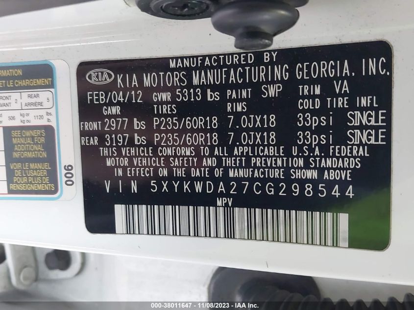 5XYKWDA27CG298544 2012 Kia Sorento Sx V6