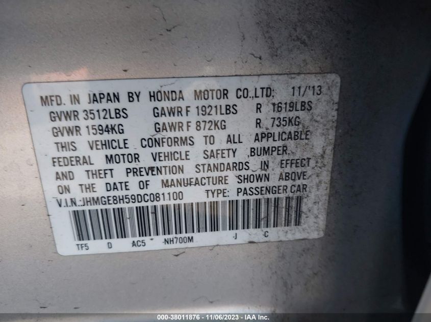 2013 Honda Fit Sport VIN: JHMGE8H59DC081100 Lot: 38011876