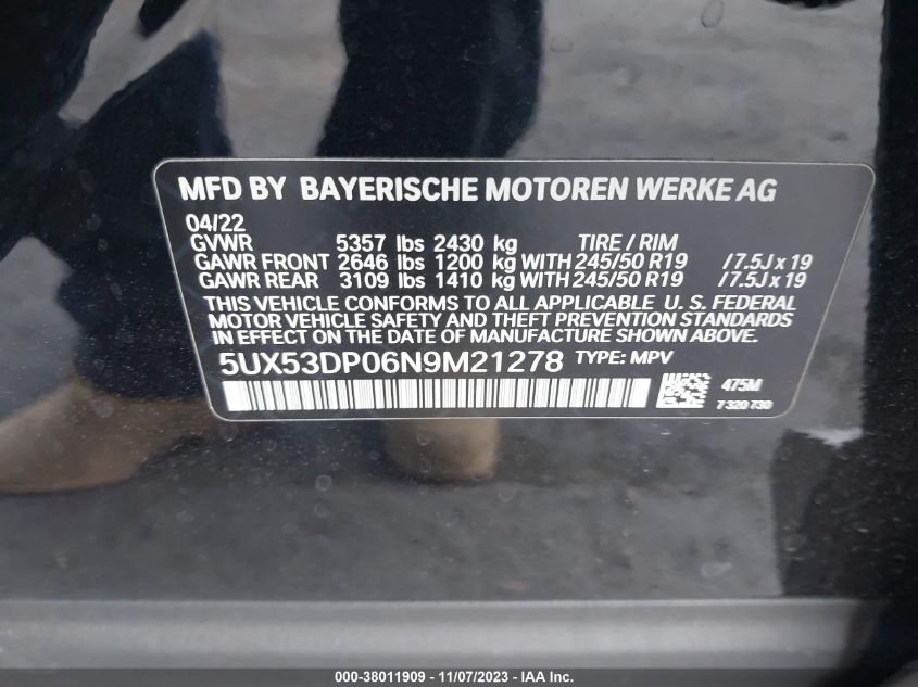 2022 BMW X3 xDrive30I VIN: 5UX53DP06N9M21278 Lot: 38011909