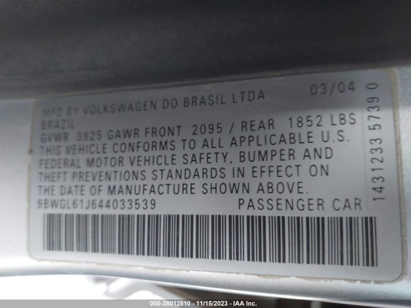 2004 Volkswagen Golf Gls 2.0L VIN: 9BWGL61J644033539 Lot: 38012810