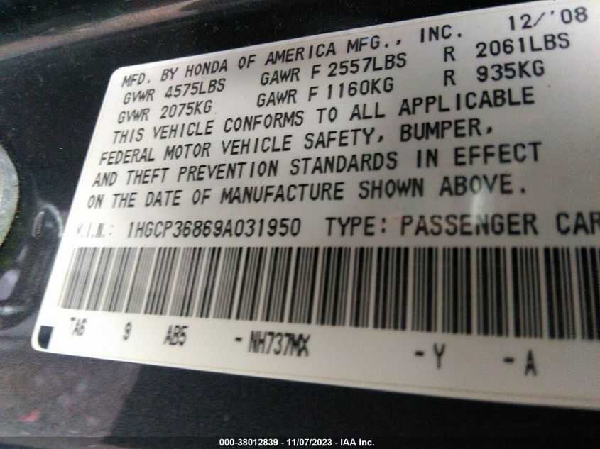2009 Honda Accord Sdn Ex-L VIN: 1HGCP36869A031950 Lot: 38012839