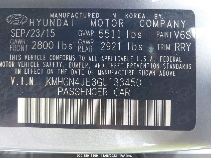 2016 Hyundai Genesis 3.8 VIN: KMHGN4JE3GU133450 Lot: 38013309