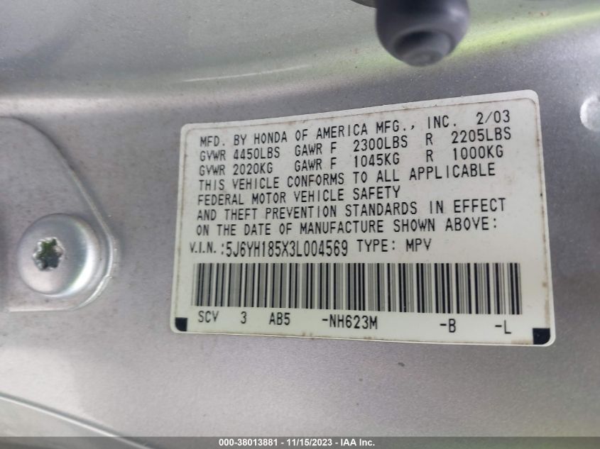 2003 Honda Element Ex VIN: 5J6YH185X3L004569 Lot: 38013881