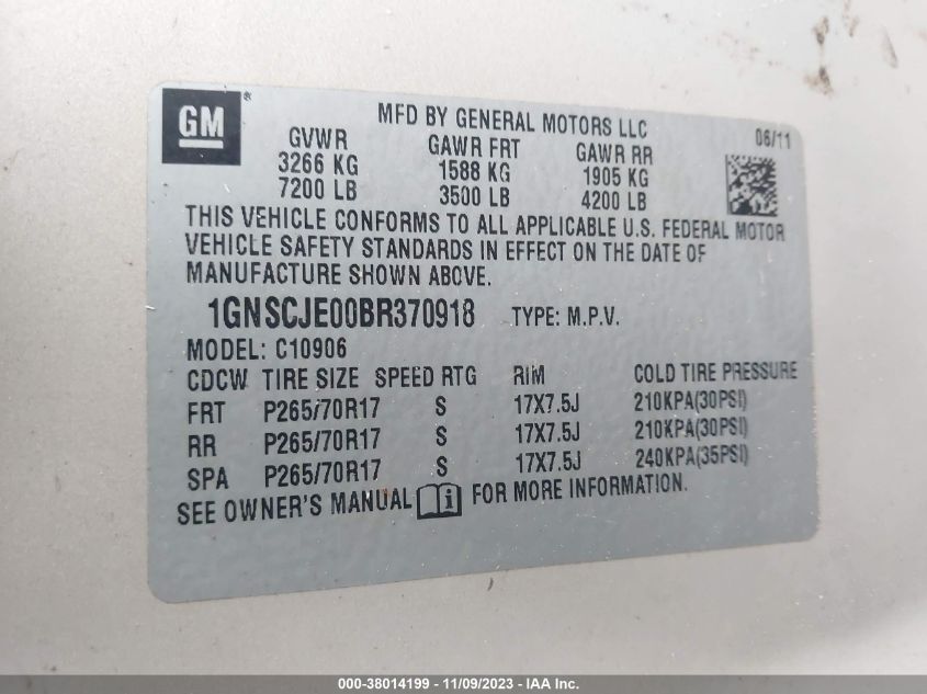 1GNSCJE00BR370918 2011 Chevrolet Suburban 1500 Lt1