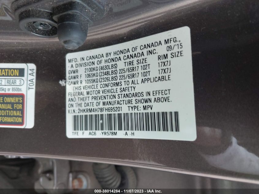 2015 Honda Cr-V Ex-L VIN: 2HKRM4H78FH695201 Lot: 38014284