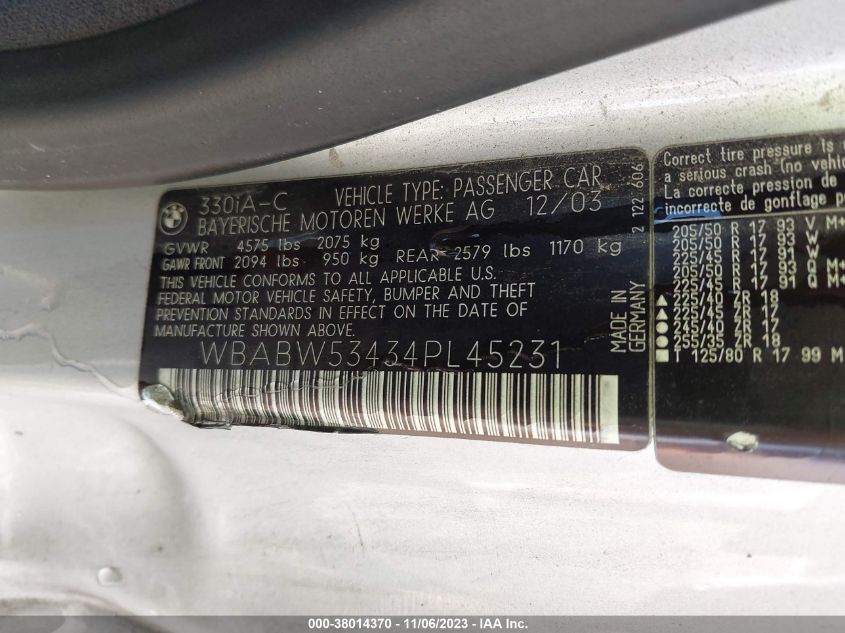 2004 BMW 3 Series 330Ci VIN: WBABW53434PL45231 Lot: 38014370
