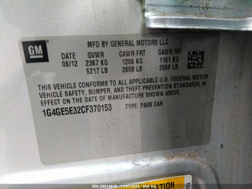 2012 Buick Lacrosse Premium 1 VIN: 1G4GE5E32CF370153 Lot: 38014615