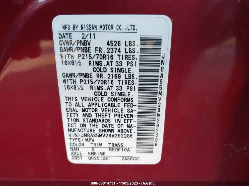 2011 Nissan Rogue S VIN: JN8AS5MV2BW292286 Lot: 38014731