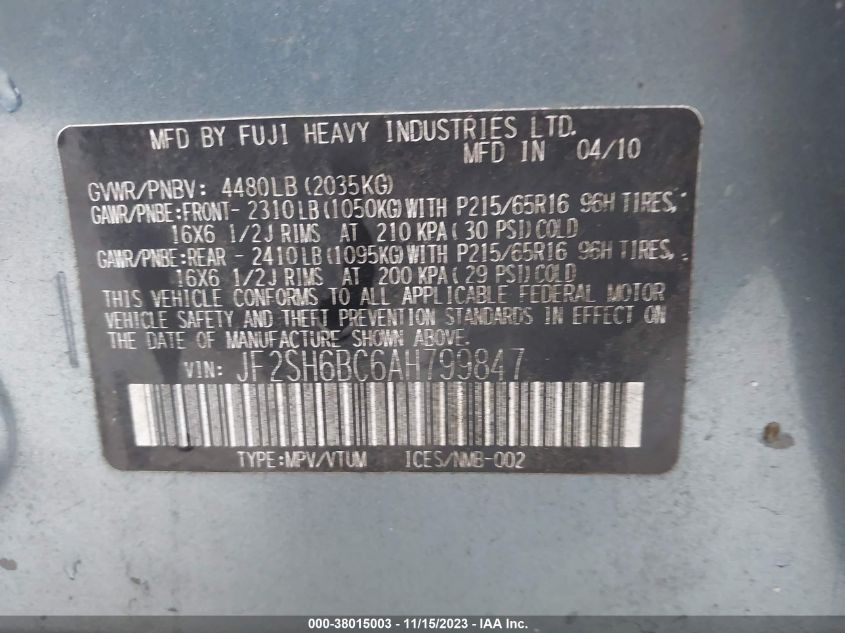 2010 Subaru Forester 2.5X VIN: JF2SH6BC6AH799847 Lot: 38015003