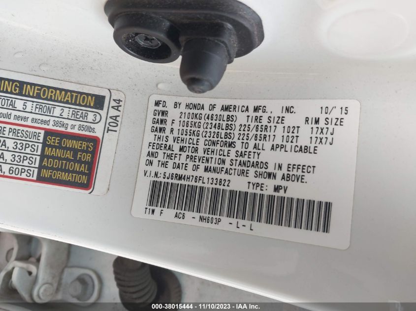 2015 Honda Cr-V Ex-L VIN: 5J6RM4H76FL133822 Lot: 38015444