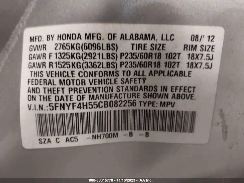 2012 Honda Pilot Ex-L VIN: 5FNYF4H55CB082256 Lot: 38015778