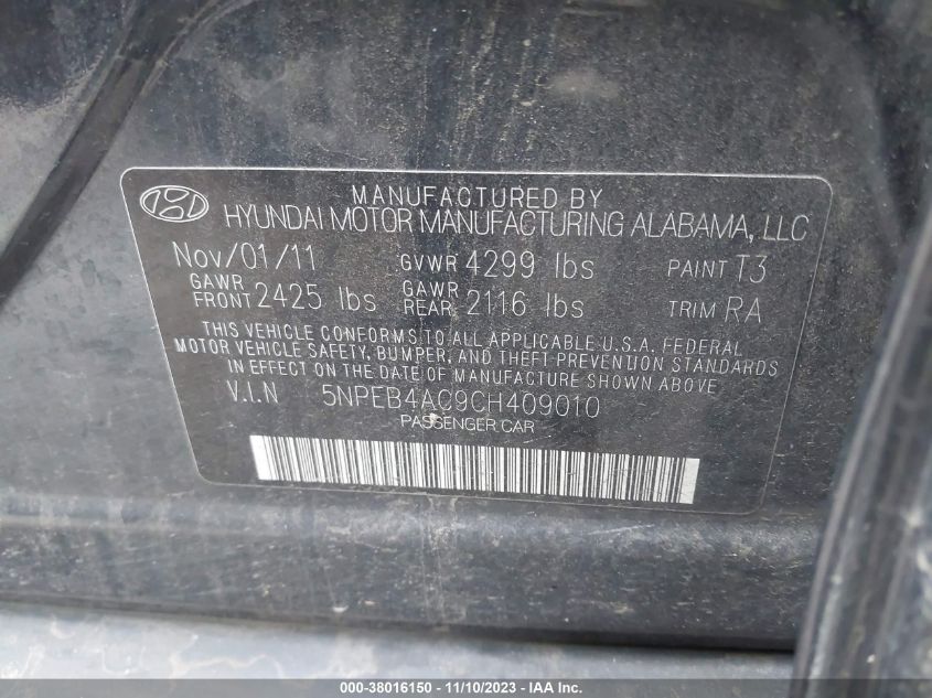 2012 Hyundai Sonata Gls VIN: 5NPEB4AC9CH409010 Lot: 38016150