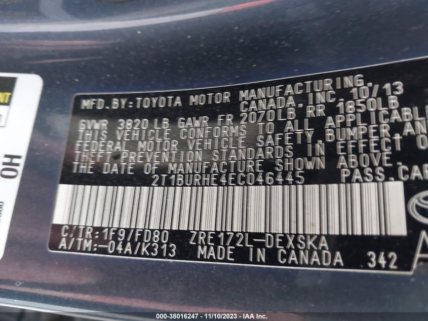 2014 Toyota Corolla S Plus VIN: 2T1BURHE4EC046445 Lot: 38016247